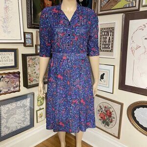 80s Vintage California Looks Purple Pink Blue Midi Dress with Pockets and Belt
